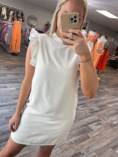 High Neck Ruffle Sleeve Dress - White