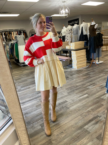 Striped Sweater Twofer Dress - Red/Ivory