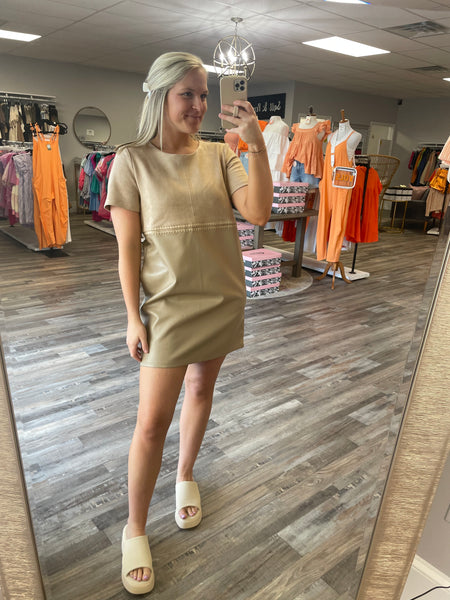 Suede & Leather Mini Dress - Beige