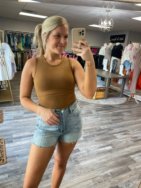 Round Neck Washed Bodysuit - Camel