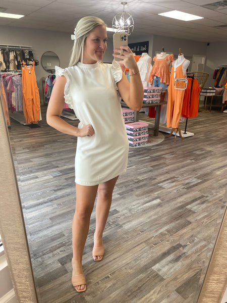 High Neck Ruffle Sleeve Dress - White