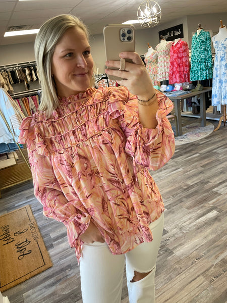 Printed Mock Neck Long Sleeve Top - Blush