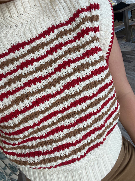 Striped Mock Neck Sweater Vest - Ivory/Red