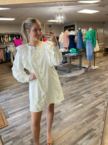 Button Up Ruffle Detail Dress - White