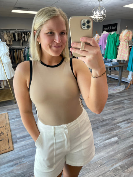 Line Detail Round Neck Bodysuit - Taupe