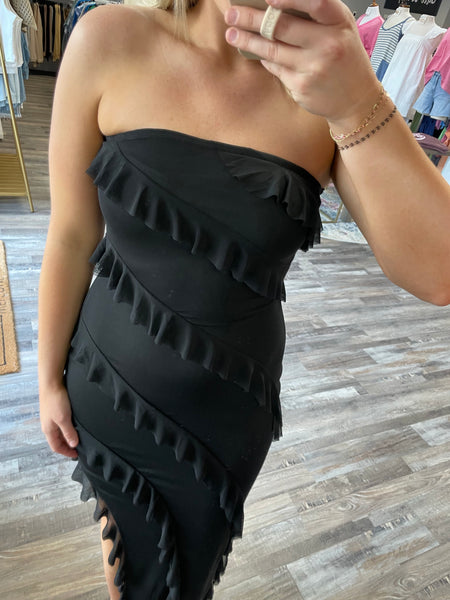 Strapless Frill Fitted Midi Dress - Black