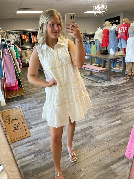 Tiered Trim Detail Collared Dress - White/Tan