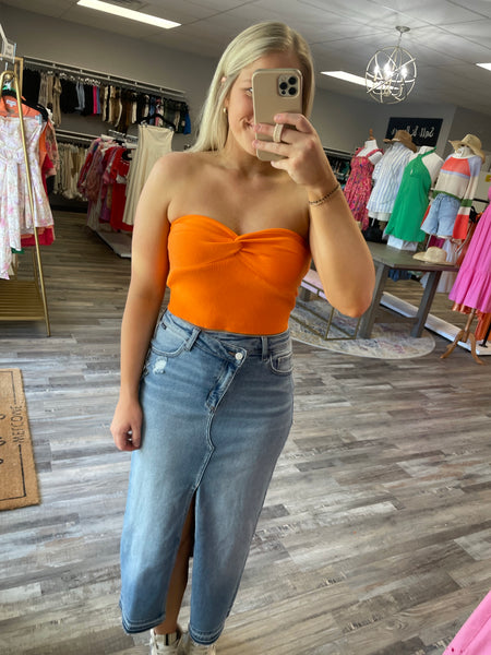 Rib Twist Knot Bandeau Top - Orange