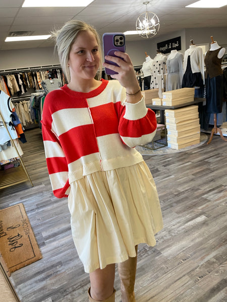 Striped Sweater Twofer Dress - Red/Ivory