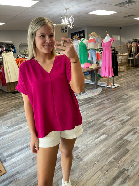 V-Neck Woven Top - Magenta