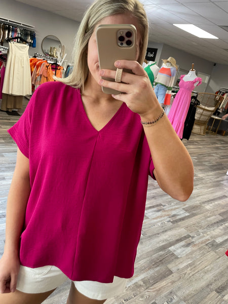 V-Neck Woven Top - Magenta