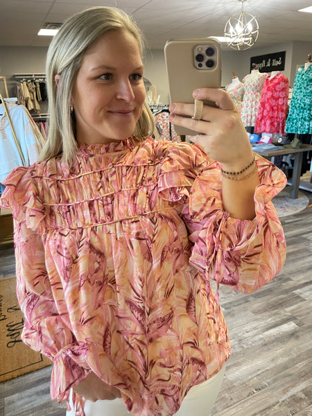 Printed Mock Neck Long Sleeve Top - Blush