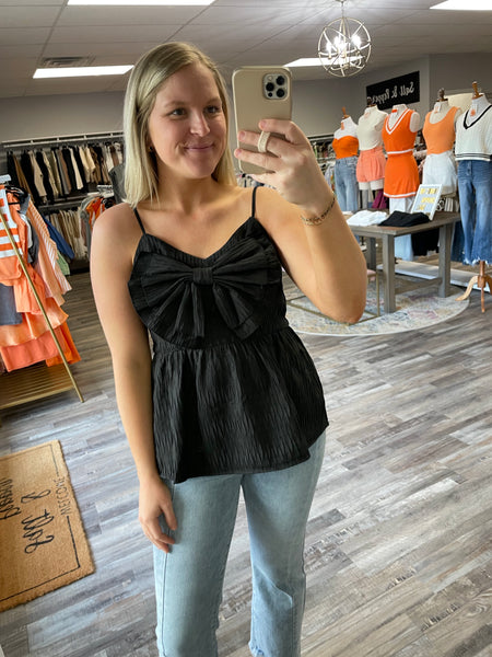 Bow Textured Babydoll Tank - Black