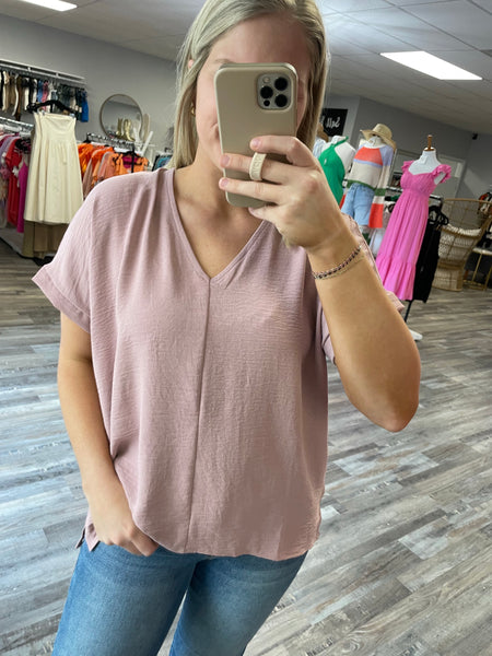 V-Neck Woven Top - Rose Wood