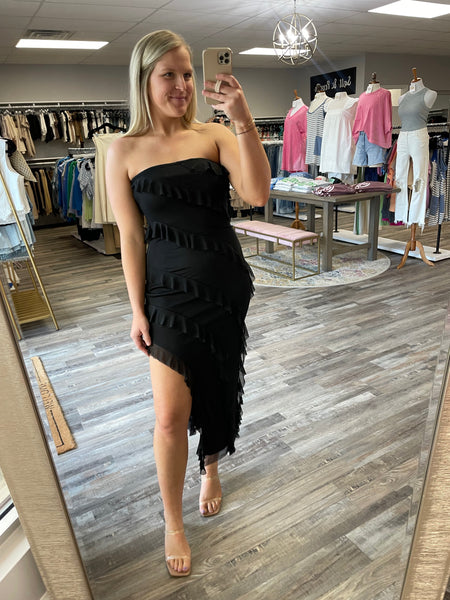 Strapless Frill Fitted Midi Dress - Black