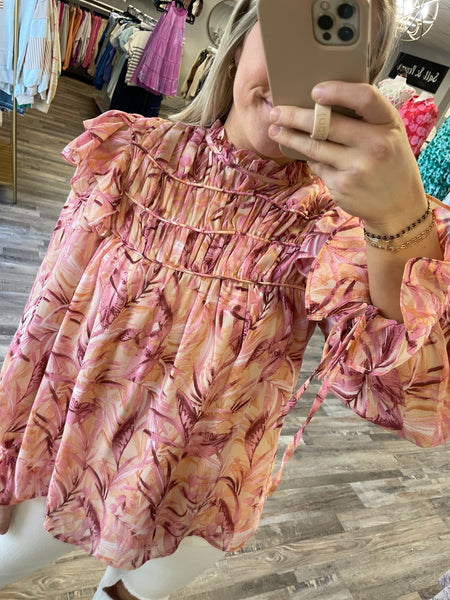 Printed Mock Neck Long Sleeve Top - Blush