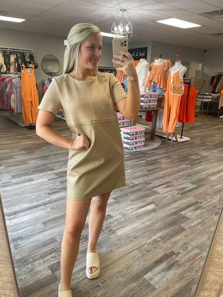 Suede & Leather Mini Dress - Beige