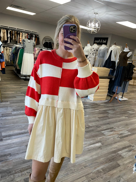 Striped Sweater Twofer Dress - Red/Ivory
