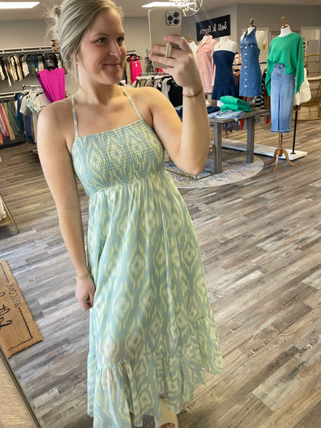 Abstract Print Midi Dress - Sage/Lemon