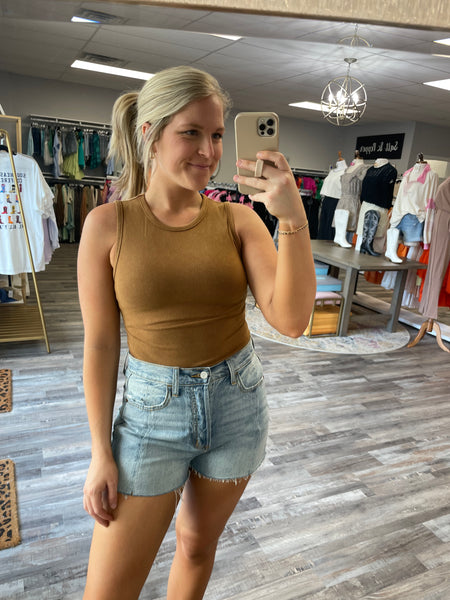 Round Neck Washed Bodysuit - Camel