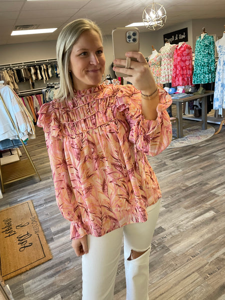 Printed Mock Neck Long Sleeve Top - Blush