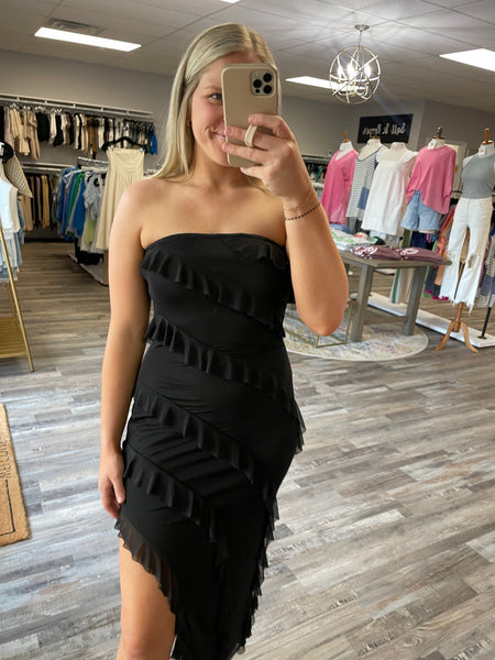 Strapless Frill Fitted Midi Dress - Black