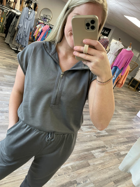 French Terry Hooded Jumpsuit - Charcoal