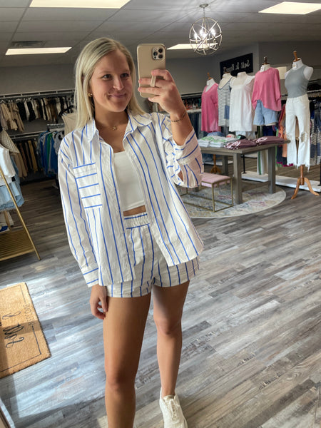 Striped Poplin Shorts - White/Blue