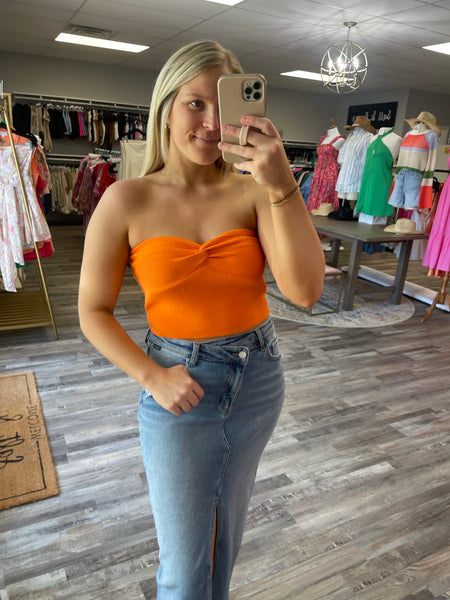 Rib Twist Knot Bandeau Top - Orange