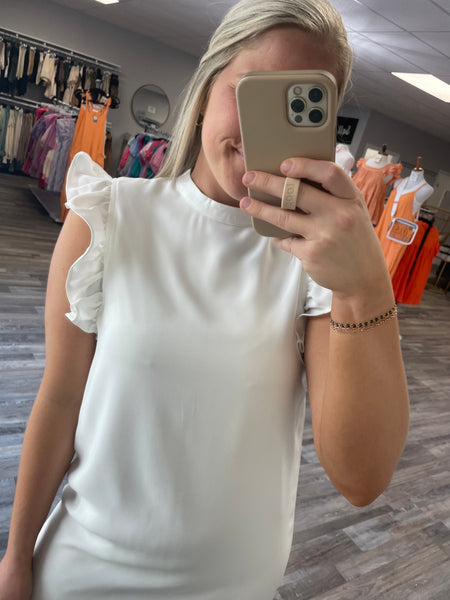 High Neck Ruffle Sleeve Dress - White