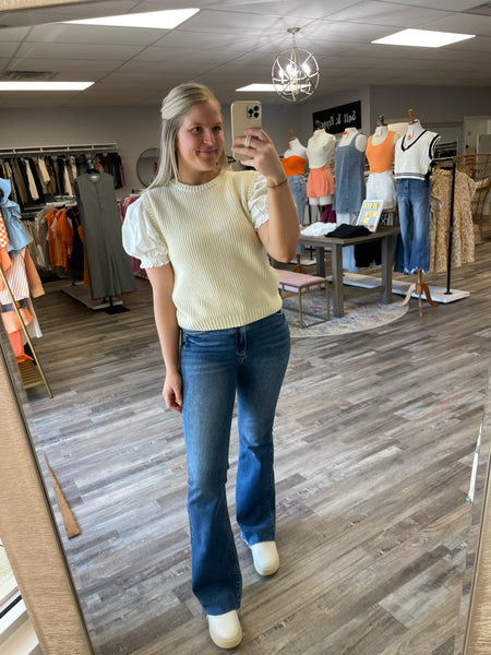 Twofer Puff Sleeve Sweater Blouse - Taupe/Ivory