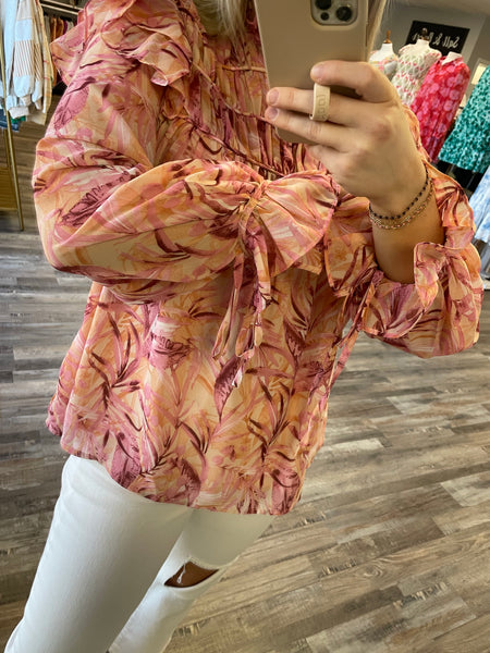 Printed Mock Neck Long Sleeve Top - Blush