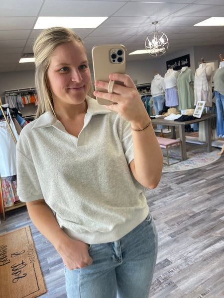 Collared Terry Knit Top - Heather Grey