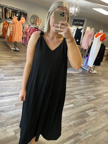 Shoulder Twisted Midi Dress - Black