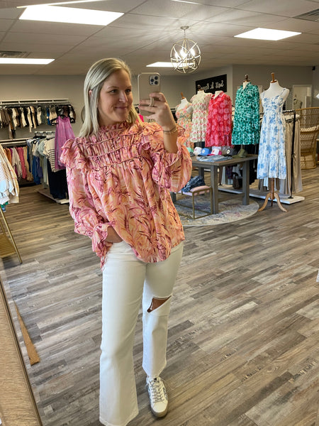 Printed Mock Neck Long Sleeve Top - Blush