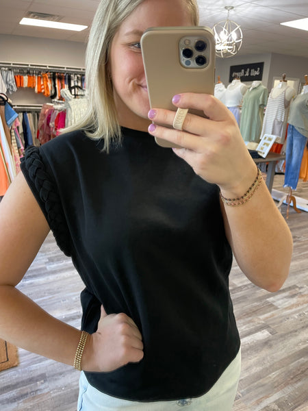 Braided Detail Cap Sleeve Top - Black