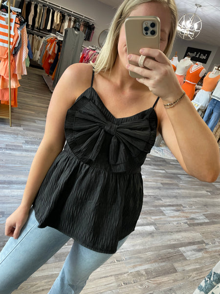 Bow Textured Babydoll Tank - Black