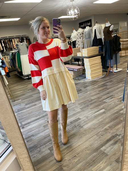 Striped Sweater Twofer Dress - Red/Ivory