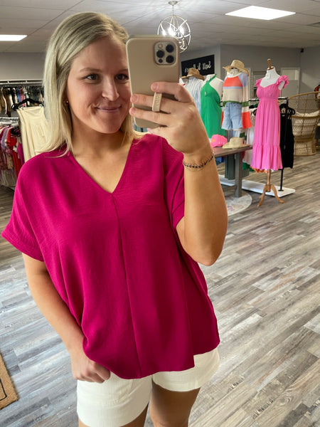 V-Neck Woven Top - Magenta