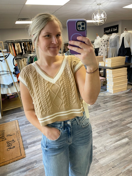 V-Neck Contrast & Bow Detail Sweater Vest - Tan/White
